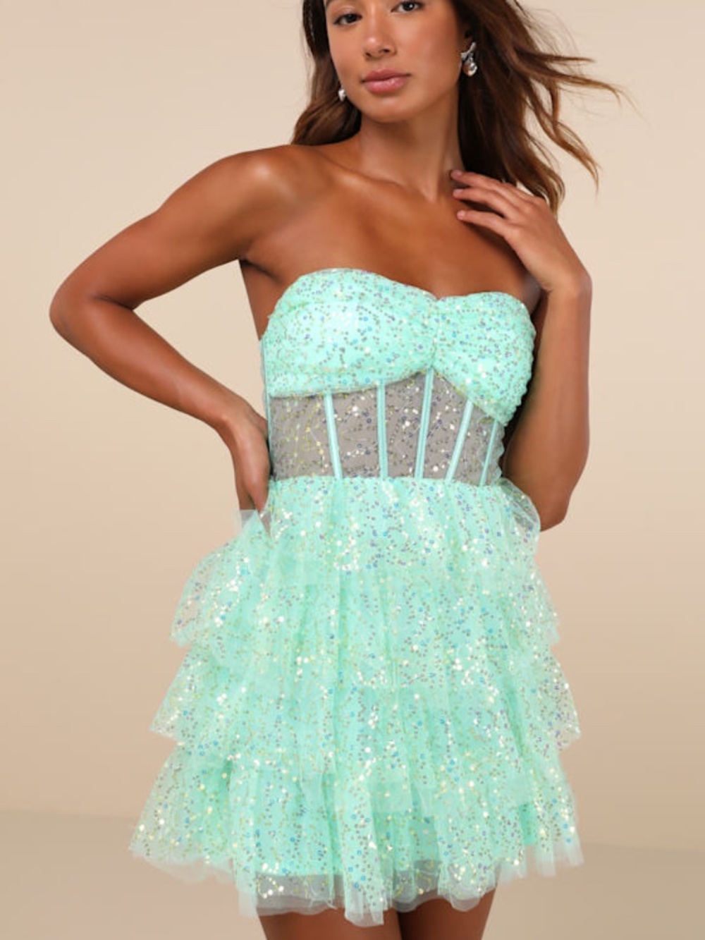 Lulus Illustrious Glow Mint Green Sheer Tulle Sequin Tiered Mini Dress - Size L
